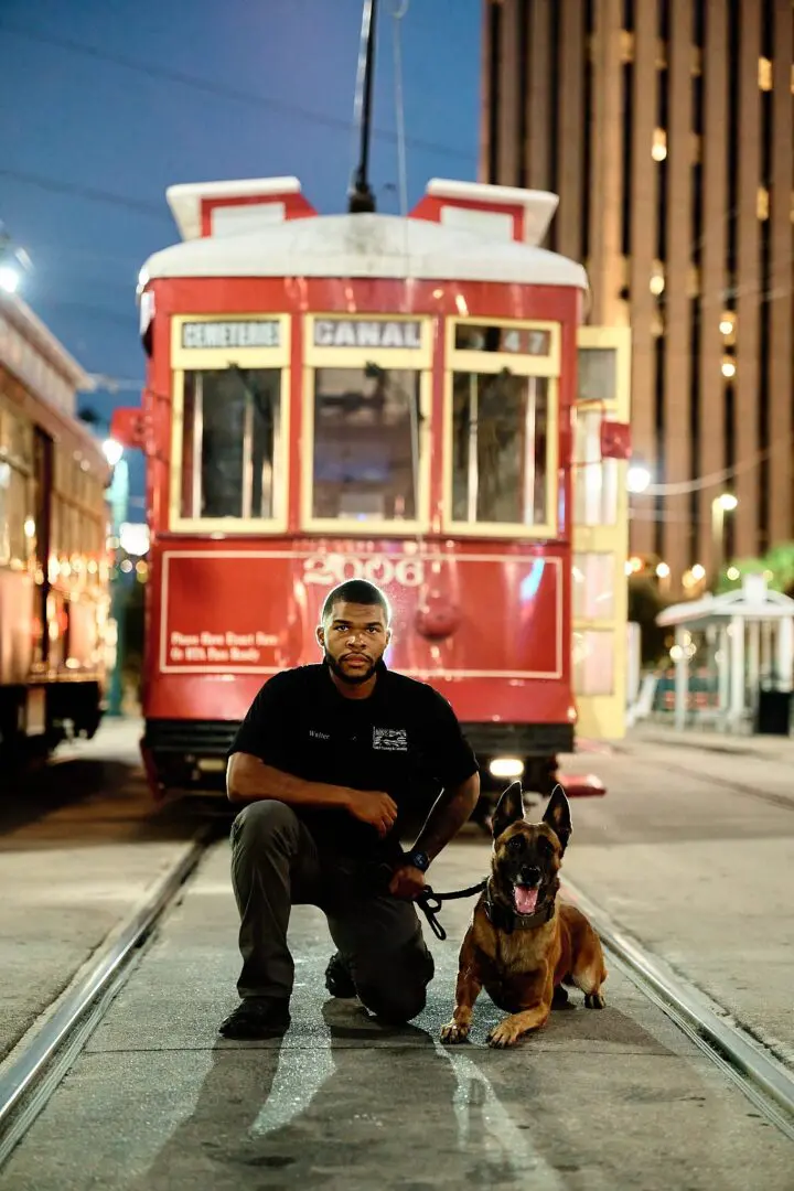 Man in black squatting with a dog in front of a red streetcar at night.