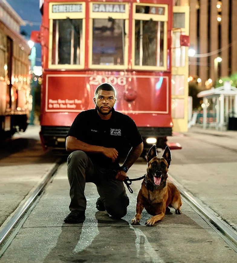 A man squats with a police dog on city street at night near a tram.