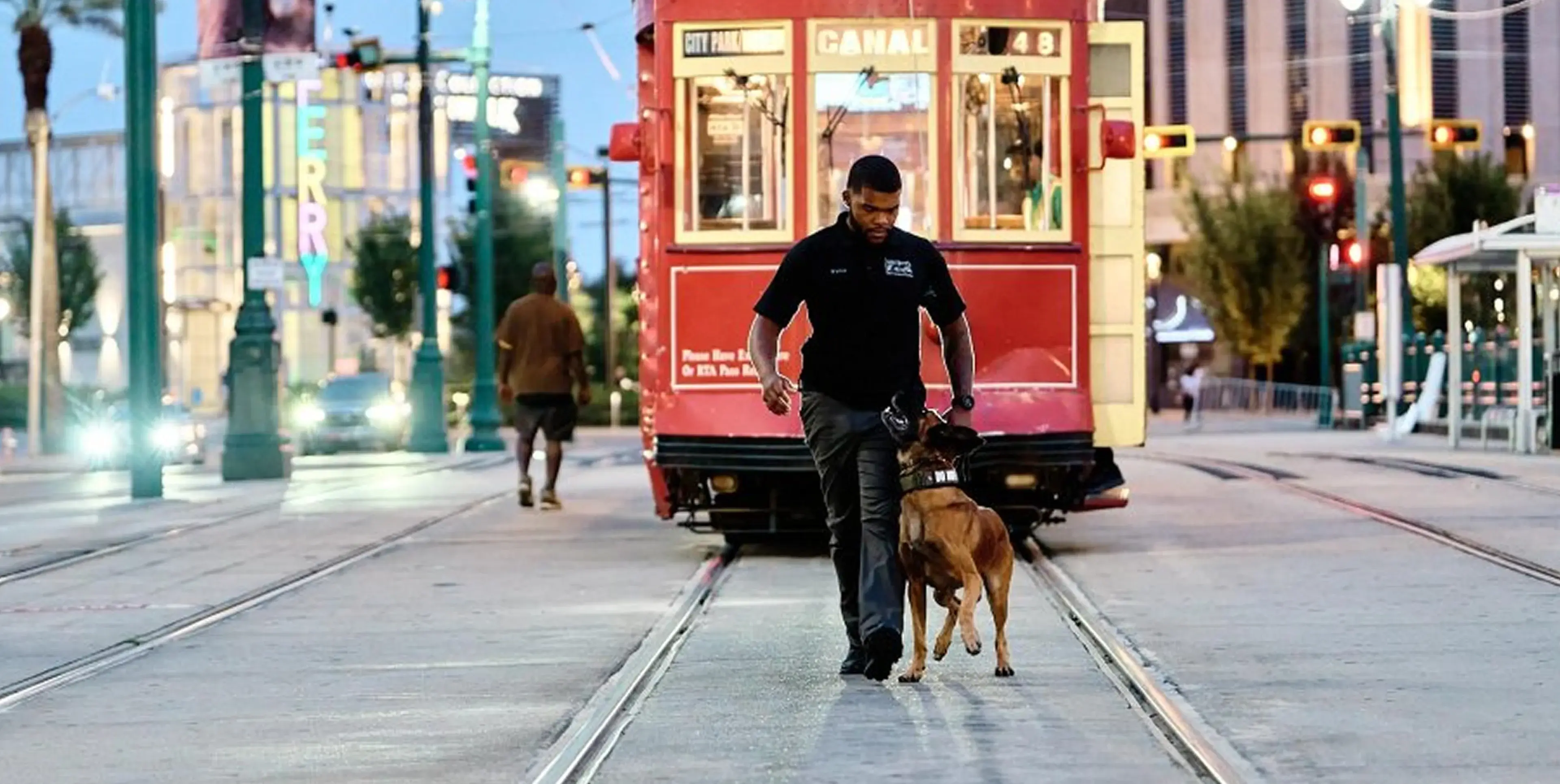 Man walking a dog along a streetcar track in the city.